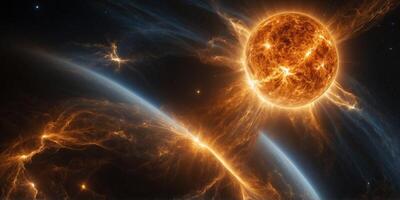 A blindingly bright solar flare, gleaming in golden hues against the dark expanse of space. photo
