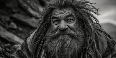 A rugged, grungy dwarf with wild hair and a mischievous grin gazes out from a low-key pinhole photograph. photo