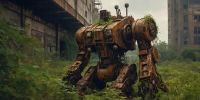 A time-worn mecha, covered in rust and overgrown with vines, stands in a barren wasteland. photo