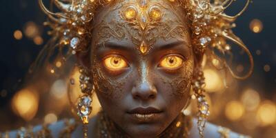 A whimsically sparkling Gilded Weird Elemental, shimmering with golden hues and intricate patterns that seem to dance in the light. photo
