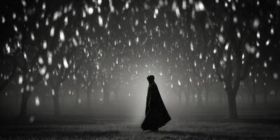 An enigmatic figure, cloaked in shadows and surrounded by wisps of shifting memories, stands amidst a shimmering field of memories suspended in midair. photo