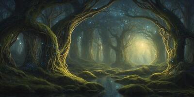 In the center of a vintage-chic bioluminescent space habitat, a towering tree-like structure shines with a soft glow, its branches intertwined with strands of glowing moss and shimmering crystals. photo