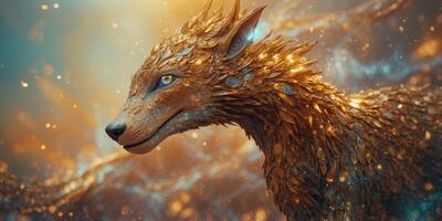 A whimsically sparkling Gilded Weird Elemental, shimmering with golden hues and intricate patterns that seem to dance in the light. photo