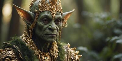 An opulent goblin, radiant in shimmering gold and emerald green, stands in a lush, enchanted forest in a high key panoramic photograph. photo