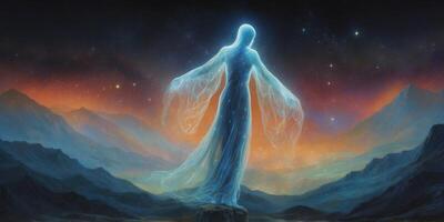 A shimmering spectral entity, the bioluminescent digital ghost glows with a celestial radiance, its translucent form seemingly untouched by time. photo