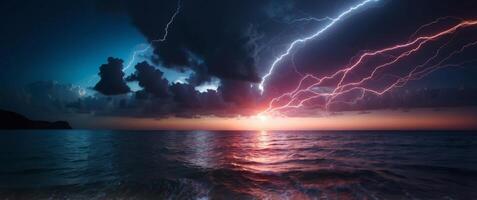 Neon Lightning Glowing Lines and Cloud over the Sea. photo