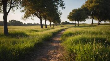 A grassy field with a path running through it. photo