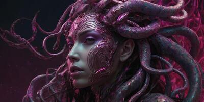 A brilliantly detailed cyborg gorgon with scales shimmering in vibrant magenta hues, metallic cybernetic tendrils intertwining with luscious locks of hair, and sharp, glowing eyes that pierce thr. photo