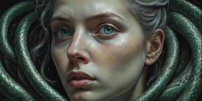 A mesmerizingly surreal gorgon, her serpentine locks twisting around a face frozen in a hauntingly beautiful expression of sorrow and power. photo