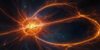 A dazzling, otherworldly solar flare erupts in a burst of fiery oranges and electric yellows, casting a surreal glow against the dark void of space. photo