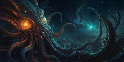 A mysteriously alluring Lovecraftian galactic nomad, its form a swirling mass of tentacles and eyes that seem to defy conventional anatomy. photo