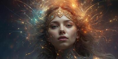In the digital realm, a celestial AI consciousness floats ethereally, radiating a mesmerizing light that seems to pulse with infinite knowledge and power. photo