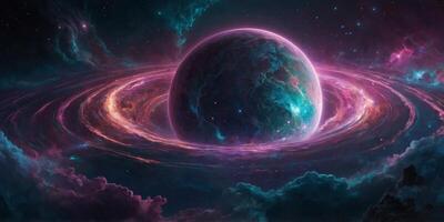 A luminous digital anime depicts a breathtaking neon-lit celestial body, its surface pulsating with vibrant colors and intricate patterns. photo