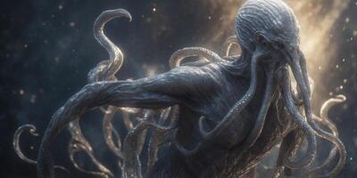 A shimmering, ethereal tentacled titan emerges from the depths, its silvery form twisting and undulating in an otherworldly dance. photo