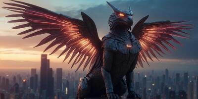 A sleek, imposing cyberpunk sphinx with neon-lit eyes, metallic fur, and circuit-patterned wings perches atop a neon-lit skyscraper, embodying enigmatic wisdom in a futuristic city. photo