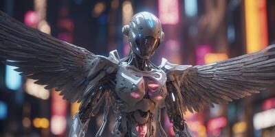 A luminous tech-savvy fairylike metaverse explorer, their ethereal wings shimmering with virtual light against a backdrop of pixelated skies and neon data streams. photo