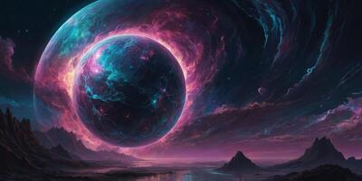 A luminous digital anime depicts a breathtaking neon-lit celestial body, its surface pulsating with vibrant colors and intricate patterns. photo