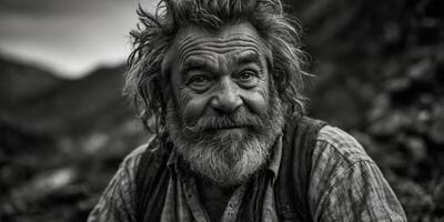 A rugged, grungy dwarf with wild hair and a mischievous grin gazes out from a low-key pinhole photograph. photo
