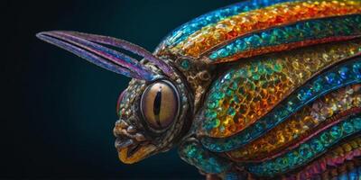 A shimmering, otherworldly insectoid fishlike creature, its every feature a symphony of colors and patterns that seem to dance before your eyes. photo
