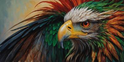 With fiery crimson feathers that seem to pulse with an inner light, a zealous bewildering griffin gazes ahead with intense determination. photo