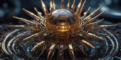 A shimmering lattice of silver and gold nanobots form intricate patterns, their metallic surfaces gleaming with an otherworldly sheen. photo
