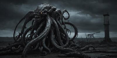In a desolate, post-apocalyptic world painted in ominous shades of gray and black, a towering figure looms in the foreground. photo