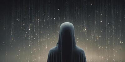 In the eerie, flickering glow of a fading AI dream sequence, a venerable figure shrouded in shadows stands amidst cascading lines of binary code that seem to pulse with an ominous energy. photo
