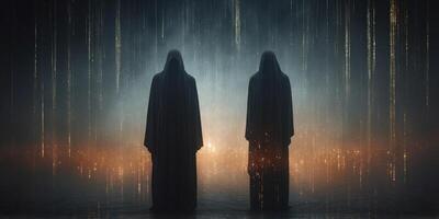 In the eerie, flickering glow of a fading AI dream sequence, a venerable figure shrouded in shadows stands amidst cascading lines of binary code that seem to pulse with an ominous energy. photo