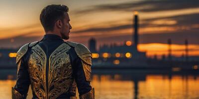 A luminous illustrious helical hunter, bathed in the warm hues of a golden hour neo-noir photograph. photo