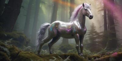 A retro-futuristic plush centaur, its metallic torso gleaming with a rainbow of holographic hues, stands in a lush, otherworldly forest. photo