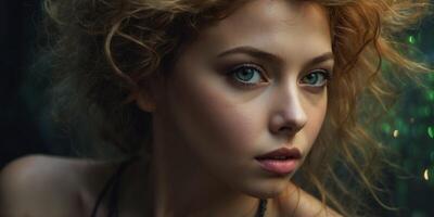 In a visually striking portrait, a zany sultry siren with wild, untamed hair cascading down her shoulders gazes seductively at the viewer. photo