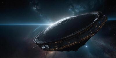 In the eerie depths of space, a foreboding deep space probe hovers amidst swirling nebulae and distant stars. photo
