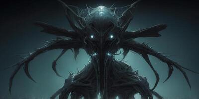A strikingly ominous, chiaroscuro insectoid fishlike creature creeps along the murky depths, with intricate patterns of light and shadow dancing across its sleek, glossy exoskeleton. photo