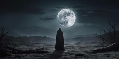 In the shadows of a cimmerian lunar parallel universe, a lone figure stands amidst a desolate landscape, bathed in the eerie light of a distant moon. photo