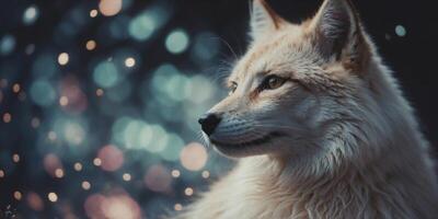 A shimmering astronomic holographic kitsune, its fur a kaleidoscope of shifting colors and patterns that dance and swirl like galaxies in the night sky. photo