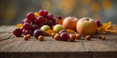 Autumn fruits and leaves on rustic table. photo
