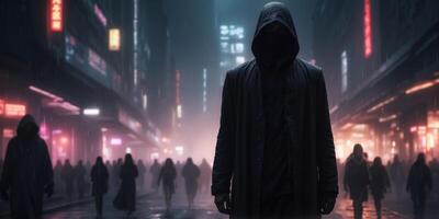 In the dimly lit back alleys of a futuristic city, a mysterious figure is shrouded in shadows, their silhouette blending seamlessly with the neon lights flickering in the background. photo