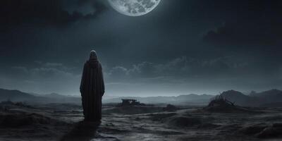 In the shadows of a cimmerian lunar parallel universe, a lone figure stands amidst a desolate landscape, bathed in the eerie light of a distant moon. photo