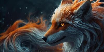A spectral, ethereal kitsune materializes from shadows, its nine tails flickering with ominous energy. photo