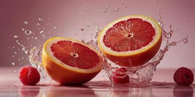 Sliced grapefruit and raspberries splashing in pink liquid. photo