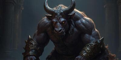 In a dimly lit chamber, the radiant gothic minotaur stands stoically, its imposing form bathed in a soft, ethereal light. photo