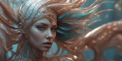 A sultry immaculate fishlike alien, its sleek scales shimmering with iridescent hues of rose gold and turquoise, every curve embodying elegance and allure. photo