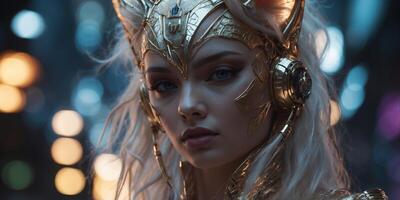 In a visionary depiction, a technologically-enhanced kitsune stands with ethereal grace, her nine tails shimmering with glowing circuits and holographic patterns. photo