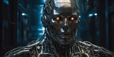 A glitchy cyborg, its metallic frame interwoven with pulsating wires and flickering lights, exudes a chilling aura of uncertainty and menace. photo