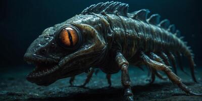 In the eerie depths of a dark ocean, a nightmarish sultry insectoid fishlike creature emerges, its grotesque features illuminated by a long exposure photograph. photo
