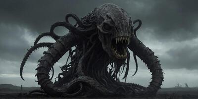 In a desolate, post-apocalyptic world painted in ominous shades of gray and black, a towering figure looms in the foreground. photo