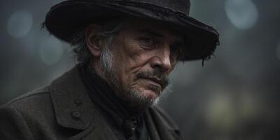 A forlorn wanderer in a grungy neo-Victorian universe, the subject of this striking photograph stands out against a backdrop of darkness and corrosion. photo