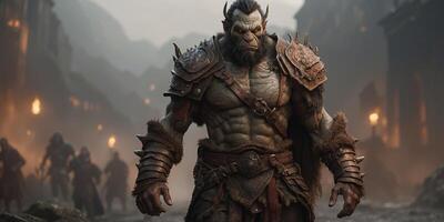 In a post-modern game concept art, a ruggedly sophisticated Orc leader stands tall, exuding a mysterious aura. photo