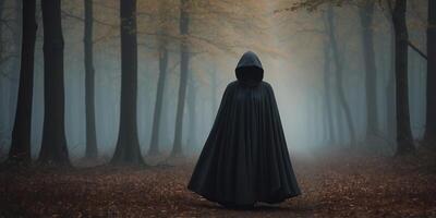 In the heart of a mysterious thrilling forest, a solitary figure emerges from the shadows, cloaked in mist and mystery. photo