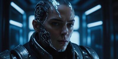 A sleek, metallic android with chilling blue LED lights embedded in its synthetic skin, every intricate detail exuding an otherworldly aura of mystery and danger. photo